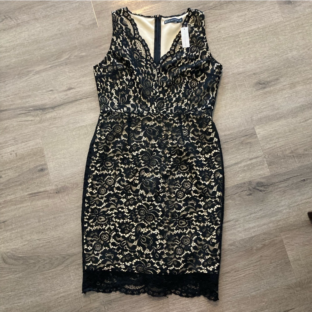 NWT NYC Womens Beige and Black Lace Midi Dress L